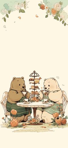 two bears are sitting at a table with food in front of them, and one bear is eating