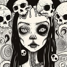 a black and white drawing of a girl with skulls on her head in the background