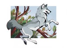 a drawing of a wolf jumping in the air with its front paws on a tree branch