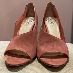 Suede Pink Heels. Never Worn Pink High Heel Suede Sandals, Pink Slip-on Heels With Sculpted Heel, Pink Suede Heels With 4-inch Heel, Pink Heels With Reinforced Heel, Medium Width, Pink Open Toe Mules With 4-inch Heel, Vince Camuto Shoes, Pink Heels, Shoes Brand, Vince Camuto