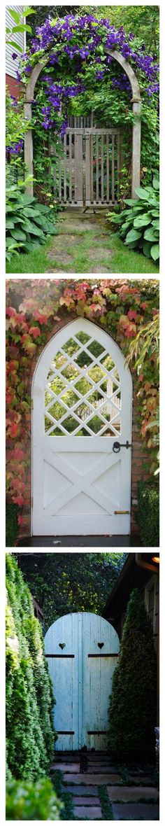 three different pictures of an old gate and some flowers in the garden, one with blue doors