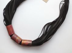 Take 35% off! Black Leather Necklace Copper Spacers String Necklace Leather Jewelry Statement Necklace Bohemian Black Copper Necklace, Black Copper Bohemian Necklaces, Black Bohemian Copper Necklace, Luxury Leather Statement Necklaces, Handmade Black Leather Necklace, Artisan Brown Leather Necklace, Bohemian Black Leather Necklace, Sari Silk Jewelry, Black Pearl Leather Necklace