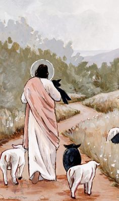 a painting of jesus walking with his sheep