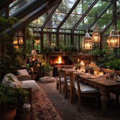 a dining room filled with lots of tables and chairs next to a fire in the fireplace