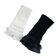 Material: Knit cotton Color: White, Black Fitted Black Socks With Lace Trim, Fitted Lace Trim Socks For Winter, Fitted Lace Trim Winter Socks, Fitted White Ruffled Socks, Stretch White Socks With Ruffles, White Stretch Socks With Ruffles, Soft Cotton Leg Warmers For Fall, Stretch Knit Leg Warmers, Stretch Knit Footless Leg Warmers