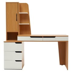 a desk with two drawers and a bookcase on the top, next to it