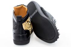 This two-tone black and gold high-top with black rhinestones on one side and golden spikes on the other. These High-tops are edgy and fashionable whether you pair it with a solid color suit or a pair of jeans and a jacket. Golden Spike, Black Rhinestone, Black And Gold, High Top, High Tops, Two Tone, Solid Color, Lace, Gold