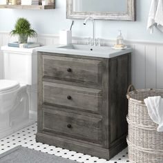 a bathroom vanity with two drawers and a mirror above it, next to a toilet