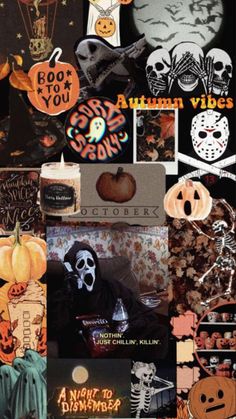 halloween collage with pumpkins, ghost and skeletons