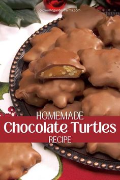 homemade chocolate turtles recipe on a plate with flowers