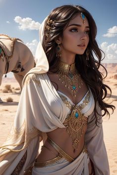 a beautiful woman in a white outfit with gold jewelry on her chest and headdress