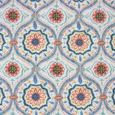 an intricately designed wallpaper in blue, orange and white