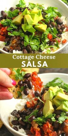 two pictures of black beans, avocado and cottage cheese salsa in a white bowl