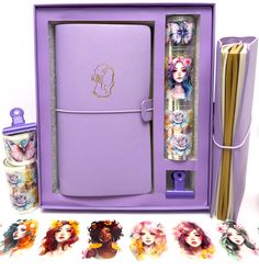 an open purple box with pictures on it