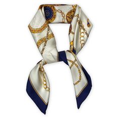 Charming depictions of watch faces and fobs - each attached to intricate golden chains are artfully scattered on creamy white silk and surrounded by a navy blue border. Each scarf measures 36" x 36". Handcrafted in Vermont of imported fabric. Elegant Gold Rectangular Silk Scarf, Elegant Gold Square Silk Scarf, Classic Gold Silk Scarf For Formal Occasions, Blue Border, Old Money Style, Watch Faces, White Silk, Creamy White, Old Money