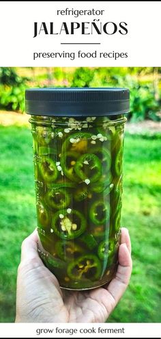 a jar filled with pickles sitting on top of a lush green grass covered field