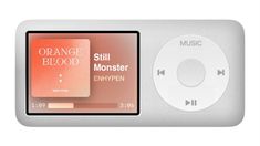 an mp3 player with orange blood on the front and white back side, next to an ipod