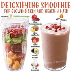 a smoothie is in a plastic cup next to a detoxing smoothie for glowing skin and healthy hair