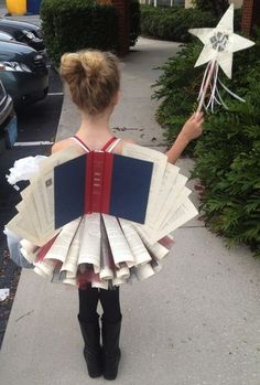 Book Fairy costume recycled books skirt and wings made from a recycled books! Genius. Halloween school play parade party Carnival Costumes Ideas, Karneval Costume, Book Fairy Costume, Diy Karneval, Halloween Diy Kids, Book Fairy, Carnival Ideas, Recycled Books