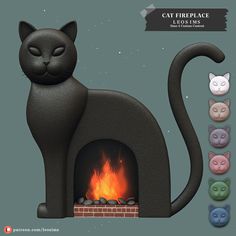 a cat fireplace with different colored cats around it