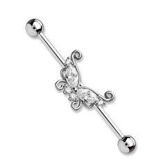 PRICES MAY VARY. STYLE: CZ Crystal Butterfly Industrial Barbell MATERIAL: 316L Stainless Steel and Cubic Zirconia Crystals GAUGE/BAR THICKNESS: 14GA (1.6mm) BARBELL LENGTH: 1&1/2" (38mm) BALL SIZE: 5mm Nip Piercings Barbell Silver, Bar Ear Piercing, Crystal Gauges, Industrial Barbell, Industrial Piercing, Cute Piercings, Body Jewelry Piercing, Crystal Butterfly, Ear Piercing