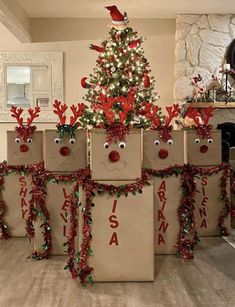 christmas presents wrapped in brown paper and decorated with reindeer noses