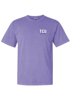 Let everyone know who you root for in this TCU Horned Frogs Purple Grandma Spiral Short Sleeve T-Shirt! This Horned Frogs Short Sleeve Tee features a left chest team name and script on front with large team graphic on back. Comfort Colors brand, 100% ring spun cotton, Soft hand, washed garment dyed fabric, Double needle collar, armhole, sleeve and bottom hems, Twill taped neck and shoulders, Twill joker label, Unisex fit, Screen print, 100% Cotton, Imported Washed Cotton T-shirt, Soft-washed Cotton Purple Top, Soft-washed Purple Cotton Top, Cotton Short Sleeve Pre-washed Tops, Pre-washed Cotton Short Sleeve Tops, Cotton Short Sleeve T-shirt, Purple Comfort, K State, Tcu Horned Frogs