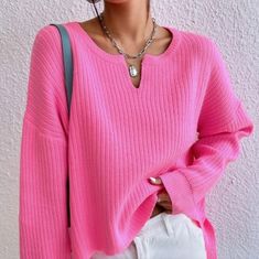 New Bright Pink Ribbed Knit Sweater Top * Split Round Neckline * Long Sleeve * Soft Stretch Pullover * Hi Low Split Side Hem * Boxy Oversized Boyfriend Fit *Approximate Unstretched Measurements* Small (4) *Bust 46.5" *Sleeve Length 17.25" *Length 21" Medium (6) *Bust 48* Sleeve Length 17.5" *Length 21.25" Large (8/10) *Bust 49.5" *Sleeve Length 18" * Length 21.5" On Order ** Will Ship In 7- 14 Days Color : Bright Neon Like Pink Fabric : Soft Acrylic Yarn #Spring Summer Beachy Coastal Cover Up Fa Grandma Outfits, Chic Maxi Dresses, Butterfly Blouse, Pink Ribbed, Dresses Casual Winter, Hem Sweater, Heart Fashion, Women Sweaters, Drop Shoulder Sweaters