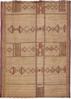 an old rug with geometric designs on the bottom and sides, in brown tones is shown