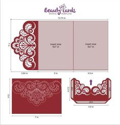 the template for a wedding card with an intricate lace design on top and bottom, in red