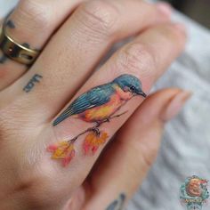 a colorful bird tattoo on the ring finger is an unique idea for someone who wants to get inked