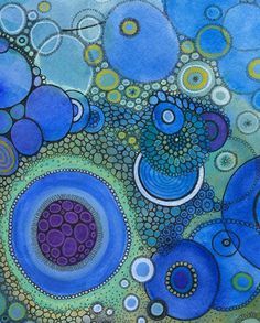 an abstract painting with blue and purple circles