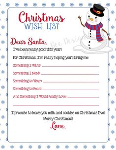 a christmas wish list with a snowman on it