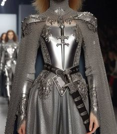 Suit Of Armor Aesthetic, Knight Wedding Dress, Knight Dress Design, Princess Knight Outfit, Armor Dress Aesthetic, Armour Wedding Dress, Medieval High Fashion, Shoulder Armour Diy, Armor Inspired Dress