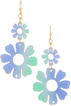 two blue and green flower shaped dangles hanging from gold earwires on a white background