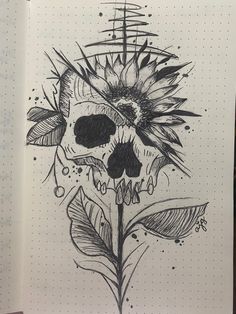 a drawing of a sunflower with a skull on it