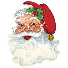 A die-cut, vintage-style illustration of Santa Clause's face, featuring his big white beard, a friendly smile, and a floppy red hat adorned with a gold jingle bell and a sprig of holly. Family Christmas Dinner, Christmas Dinner Party, Santa Face, Cadeau Diy, Holiday Gift Tags, The Grove, Vintage Santas, Holiday Gathering, Santa Christmas