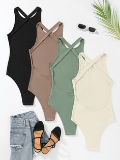 4pcs Rib Knit Criss Cross Bodysuit Multicolor Casual  Sleeveless Knitted Fabric Colorblock Tank Medium Stretch Summer Women Clothing, size features are:Bust: ,Length: ,Sleeve Length: Comfy Jumpsuits, Ribbed Knit Bodysuit, Stylish Jumpsuit, Body Suit Outfits, Knit Bodysuit, Sleeveless Bodysuit, Knit Sleeve, Womens Bodysuit, Black Bodysuit