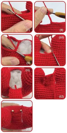 instructions to crochet a red purse with white pom poms on it