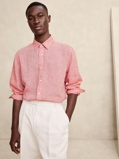 Cut from 100% linen, we love this shirt for its beautiful, natural texture and ability to stay cool and crisp, even in heat and humidity.  Standard fit.  Spread collar with button-front closure.  Shirttail hem.  Standard fit.  Long sleeves.  Hip length.  Model: Size M, 6'2" (188cm). Pink Outfit Men, Linen Outfit Men, Tulum Party, Wedding Guest Outfit Men, Cocktail Attire Men, Pink Color Combination, Coral Fashion, Pistachio Color, Peach Shirt