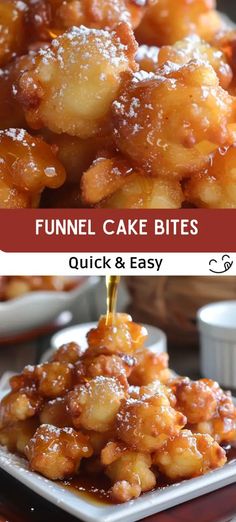 two pictures of funnel cake bites with the words funnel cake bites quick and easy on top