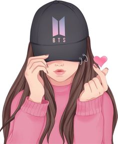 a girl with long brown hair wearing a pink shirt and black baseball cap that says bts