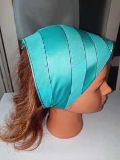 This is a very sweet teal blue triangle scarf with a velcro fastener. The scarf combines two patterns, stripes on the top and spots on the side and inside. The scarf is double layered. The color of the scarf is light teal blue with a green shade. The scarf was used before, the tag is half washed, but the scarf itself is in excellent condition (see the pictures). The scarf is 100% polyester. The scarf comes in a gift wrap and with a 'Thank you' card. For more scarves in my store visit: https://ww Blue Head Scarf, Summer Beach Accessories, Beach Wedding Style, Summer Accessories Beach, Summer Beach Wedding, New Westminster, Scarf Bandana, Triangle Scarf, Striped Scarves