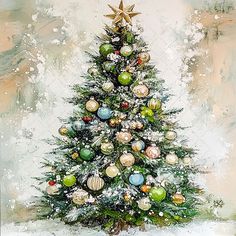 a painting of a christmas tree with ornaments