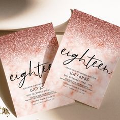 two pink and white wedding cards with black lettering