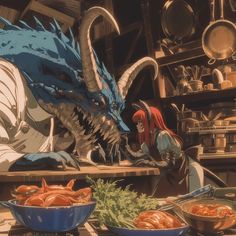 an animated image of two people in front of a dragon and other foods on the table