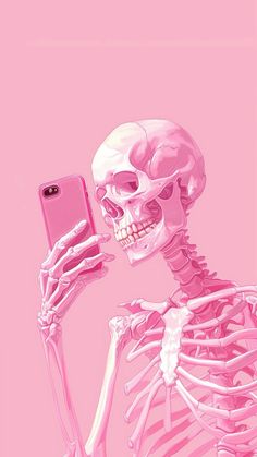 a skeleton holding up a cell phone to its face