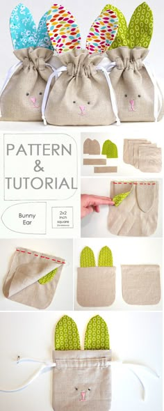 the instructions for how to sew an easter bunny bag with fabric and cotton material