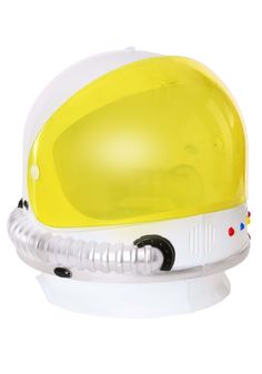 a white and yellow helmet with goggles on it's head, against a white background