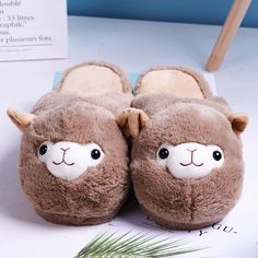 Color: Brown Kawaii Alpaca, Alpaca Slippers, Paw Slippers, Fun Slippers, Cute Alpaca, Cartoon House, Cute Piggies, Paw Design, Celtic Knots